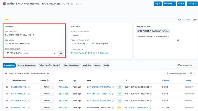 The image shows an Etherscan wallet overview for address 0x071dD9B6e634412713c47e7a02262e62e338C384, displaying an ETH balance of 0.896452431050202942 ETH (approximately $2,241.19) with token holdings totaling $8,728,319.00, alongside transaction records involving 0 ETH transfers with small txn fees. This relates to the Moonwell DeFi exploit, as the address appears to be linked to the exploited Multichain Portfolio containing $8,790,564.71, suggesting the displayed balance reflects post-exploitation fund movements rather than the full $8.7 million stolen.