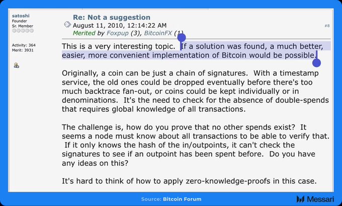 The image shows a Bitcoin Forum post by Satoshi from August 11, 2010, titled "Re: Not a suggestion," in which he highlights a desire for a simpler, more convenient Bitcoin implementation through a timestamp service—while explicitly noting the difficulty of applying zero-knowledge proofs in that context, foreshadowing later privacy-focused chains like Zcash.