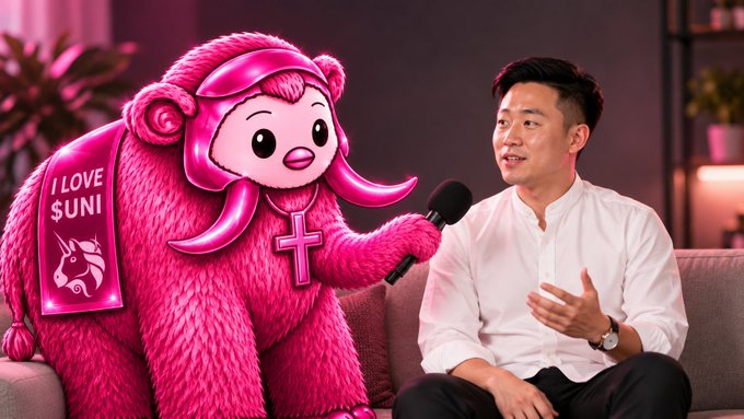 An AI-generated or stylized image depicts a pink furry mascot with a cross necklace and a sash reading 'I LOVE $UNI' interviewing a young Asian man in a white shirt on a couch.