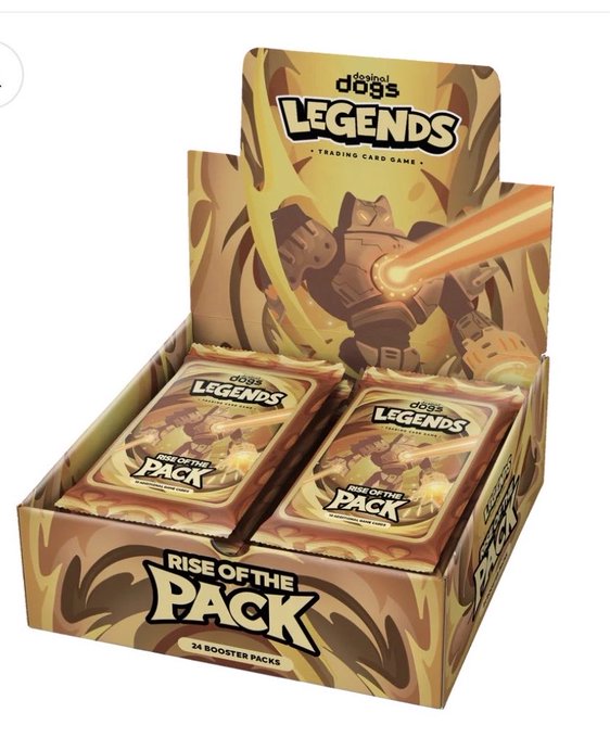 Display box for 'doge93 Legends Rise of the Pack' Trading Card Game, containing 24 booster packs with artwork of a robotic dog character.