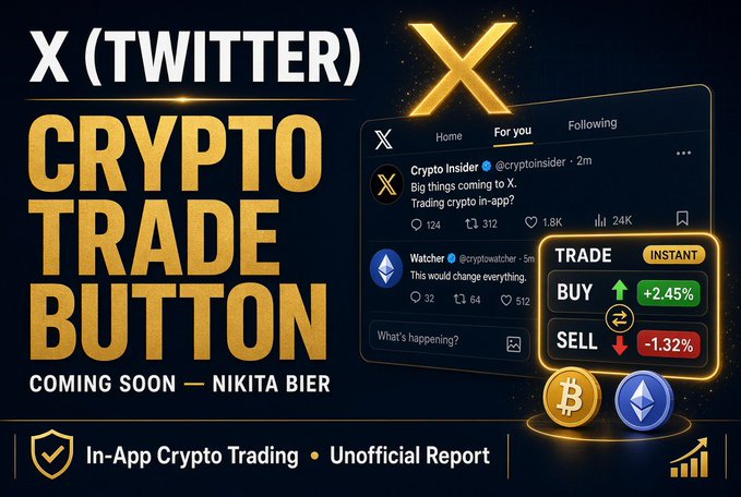 Promotional graphic for X (Twitter) announcing an upcoming 'CRYPTO TRADE BUTTON' by Nikita Bier, featuring mockups of in-app trading tweets for $BTC and $ETH with Buy/Sell options and percentage changes.