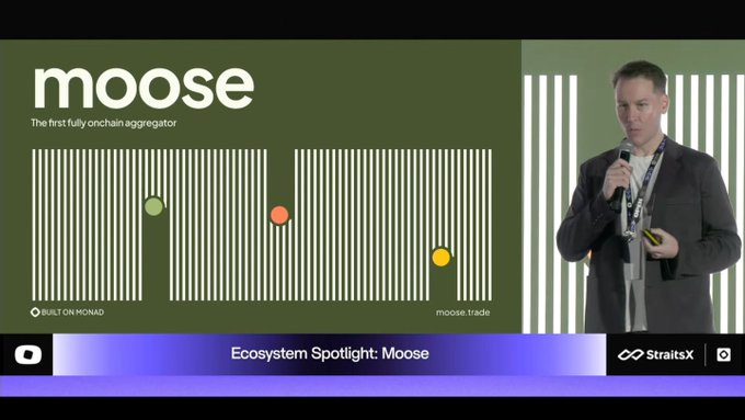 Presentation slide for 'moose' described as 'The first fully onchain aggregator,' built on Monad with the URL moose.trade, shown during an 'Ecosystem Spotlight: Moose' segment by StraitsX featuring a speaker on the right.