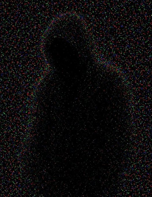 A dark image covered in multicolored RGB pixel noise that forms the faint silhouette of a person's profile and shoulders.
