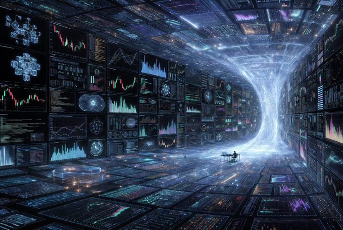 A futuristic sci-fi scene depicting a vast room lined with numerous screens displaying charts, graphs, and data visualizations, with a glowing portal or energy vortex at the center and a small figure sitting nearby.