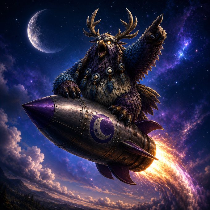 A majestic owl with antlers, adorned with talismans, rides a fiery rocket emblazoned with a crescent moon emblem through a starry night sky, symbolizing a bold, otherworldly ascent that mirrors the post's call to ride a narrative gaining market momentum.