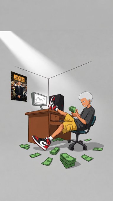 An illustration shows a young person with curly white hair relaxing in an office chair with their feet on a desk, surrounded by scattered cash, with a 'The Wolf' movie poster on the wall.