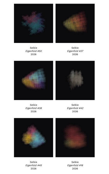 The image shows six different pictures of Eigenfolds, a type of digital art style that uses a grid-like pattern for creating images. The images are arranged in two rows with three images each. Each image has a unique color palette and composition, showcasing the versatility and creativity of the artists who created them.