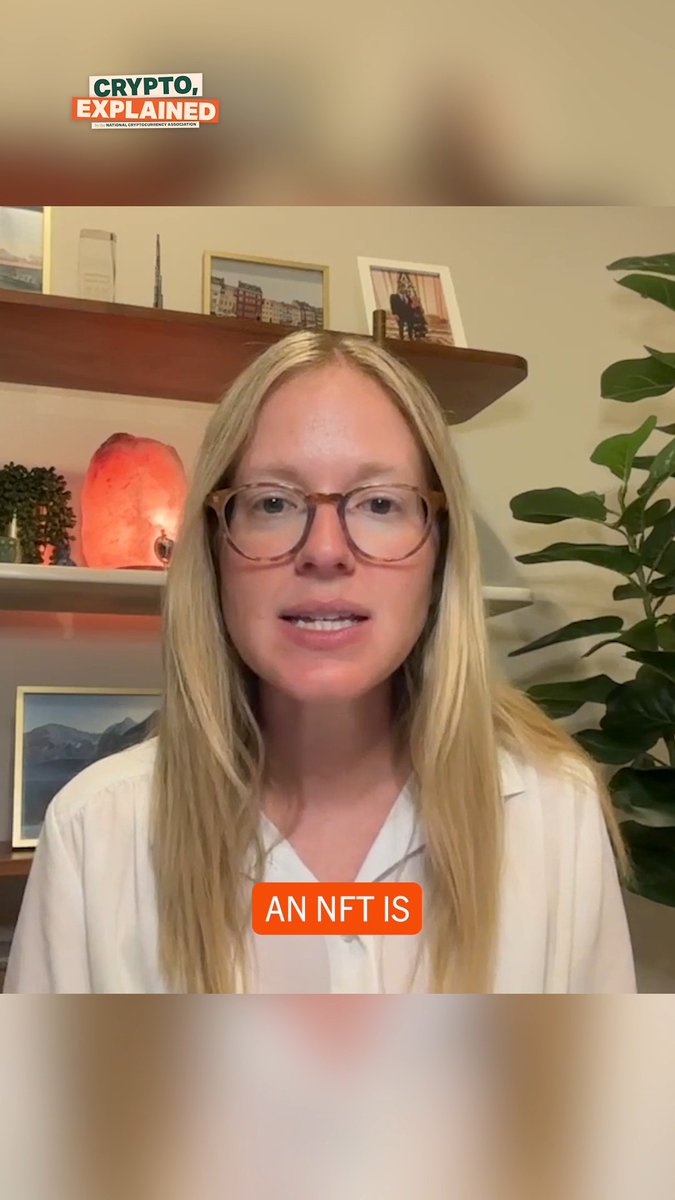 The image features a woman wearing glasses and a white shirt who appears to be giving a speech or interview. The background of the image includes a shelf with various items such as vases and pictures. The caption for the image reads "In this week's episode of Crypto, Explained, host @OnChainAli breaks down five of the most common digital asset types: NFTs".