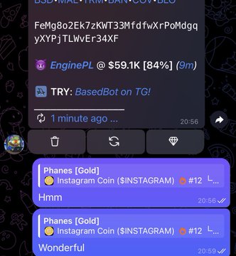 A Telegram chat interface shows messages about 'EnginePL @ $59.1K [84%] (9m)' and 'TRY: BasedBot on TG!' along with listings for Instagram Coin ($INSTAGRAM).