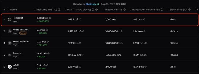 A Chainspect data table ranking blockchain networks by performance, with Polkadot (highlighted in red) showing 0.0051 real-time TPS, 1,000 theoretical TPS, and a 6.0-second block time.