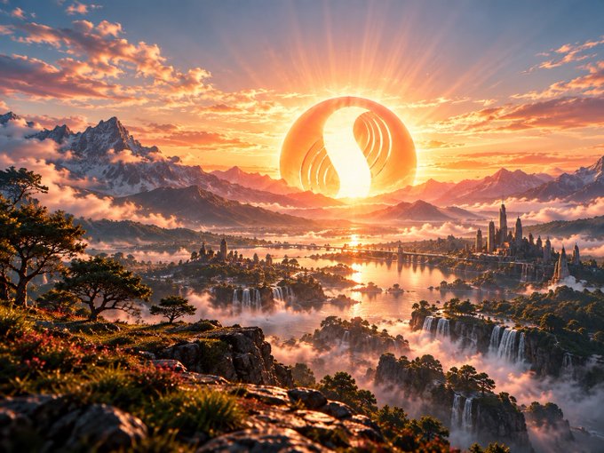 A fantasy landscape featuring mountains, waterfalls, and a glowing golden orb or sun setting over a misty city.
