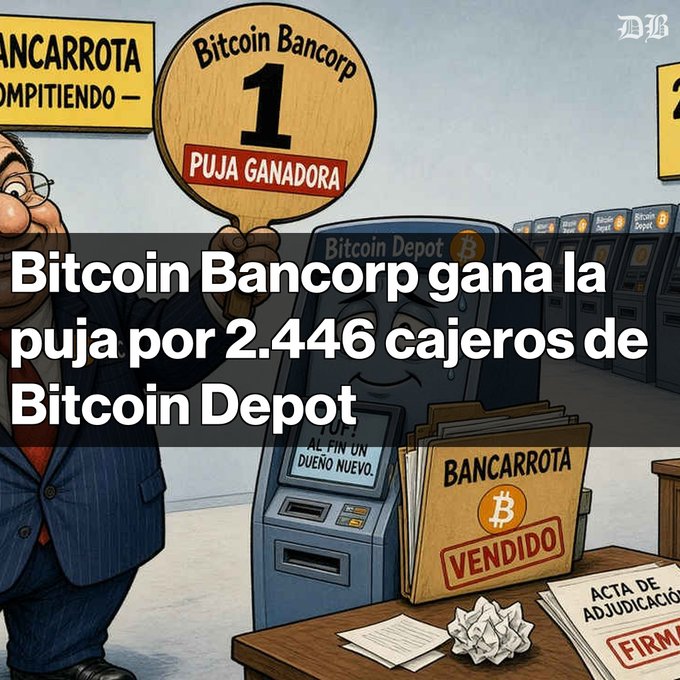A Spanish-language news graphic about Bitcoin Bancorp winning the bid for 2,446 Bitcoin Depot ATMs, featuring a cartoon man holding a '1 PUJA GANADORA' paddle and a sweating Bitcoin Depot machine with bankruptcy documents.