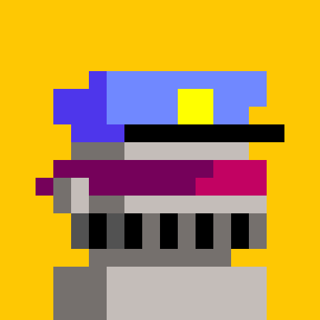 A pixel art style illustration depicts a stylized figure with a blue and yellow hat, purple body, and gray base, set against a bright yellow background. The blocky, colorful character design complements the "first class of Zillions" post, likely representing a character or mascot from the game or brand Zillions.