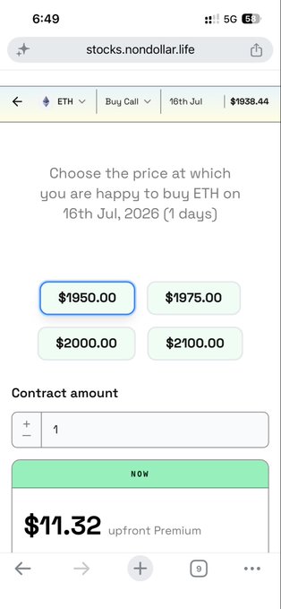 A mobile screenshot from 'stocks.nondollar.life' showing an ETH Buy Call option for 16th Jul at $1938.44, with price selection buttons ($1950.00 selected), contract amount, and an $11.32 upfront premium.