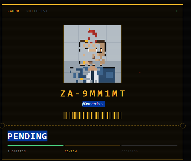 A pixel art avatar of a person with glasses and red hair is displayed above the text 'ZA-9MM1MT' and '@0xremiss' on a ZADDR WHITELIST interface, with a 'PENDING' status indicator.