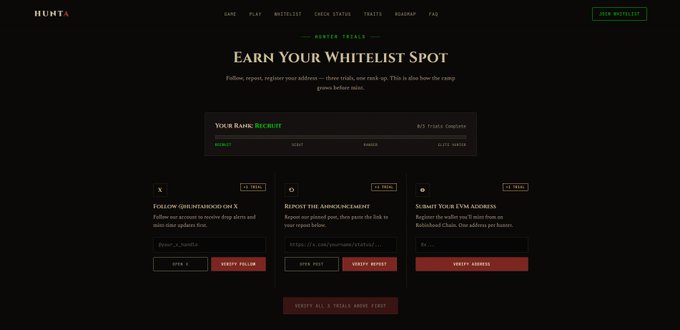 A webpage for HUNTA's "Hunter Trials" whitelist campaign displays an 8/8 Recruit rank at 8/8 Trials Complete, showing tasks to follow @huntahood on X, report a pinned post on the announcement page, and submit an EVM address to earn a whitelist spot for "The Shattered Lands" on Robinhood Chain.