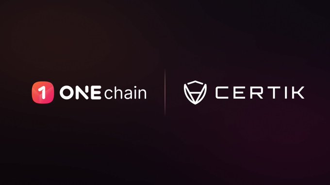The image features the logos of "ONEchain" and "CERTIK" displayed side-by-side on a dark maroon background, visually representing the partnership where CertiK provides continuous, real-time security monitoring for the ONEchain Mainnet 2.0.