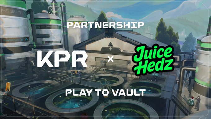 A promotional graphic announcing a "PARTNERSHIP" between "KPR" and "Juice Hedz" with the text "PLAY TO VAULT," set against a stylized industrial facility background.