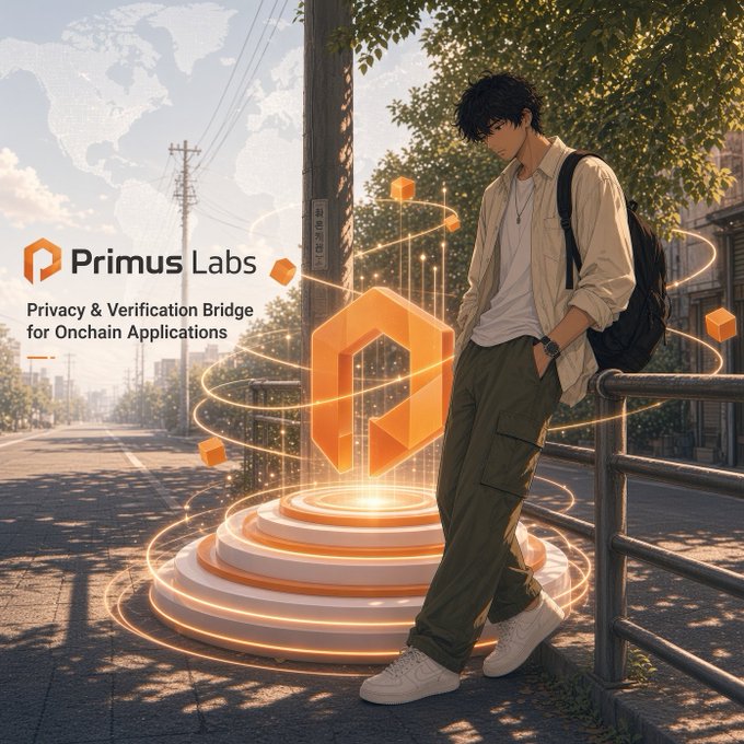 An anime-style illustration of a young man with a backpack standing on a street next to a glowing orange 'Primus Labs' logo with the tagline 'Privacy & Verification Bridge for Onchain Applications'.