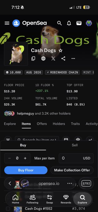 The image shows an OpenSea NFT collection page for "Cash Dogs" displaying key stats: a floor price of $15.20, 24H volume of $25.3K, and a 1D floor increase of +237.1%, with only 846 listed out of 10,000 items. This directly supports the post's request to "pump" the creator's bag by sharing the collection to boost visibility and floor price.