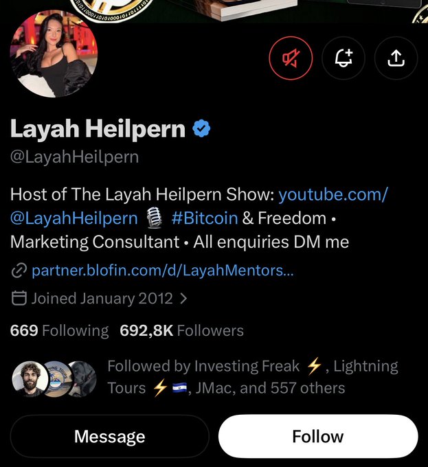 A Twitter/X profile page for Layah Heilpern (@LayahHeilpern), a host and marketing consultant with 692.8K followers, promoting Bitcoin and a partner link.
