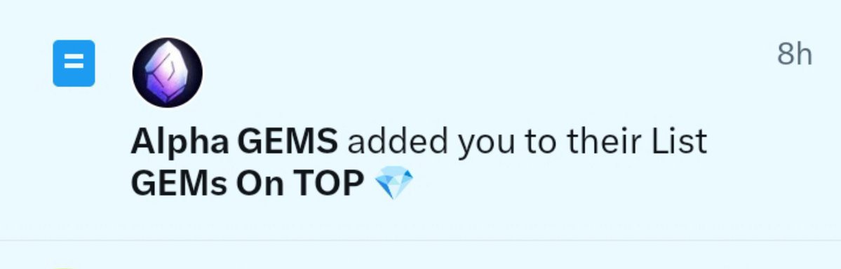 A Twitter notification shows that "Alpha GEMS" added the user to their list called "GEMs On TOP" 8 hours ago, which aligns with the post celebrating being included on Alpha GEMS' curated list.