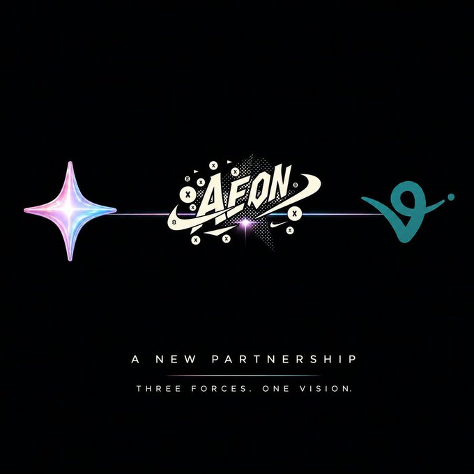 A promotional graphic on a black background shows three logos arranged horizontally and connected by a glowing line: a pink and blue sparkle star on the left, "AEON" in stylized graffiti-style lettering with comic-style accents in the center, and a teal "9" logo on the right, with the text "A NEW PARTNERSHIP" and "THREE FORCES. ONE VISION." displayed below. The image relates to the post by visualizing a new collaboration between Sparkleware, AEON, and another entity—reflecting the post's mention of a serious new project and connected ecosystem on Robinhood Chain.