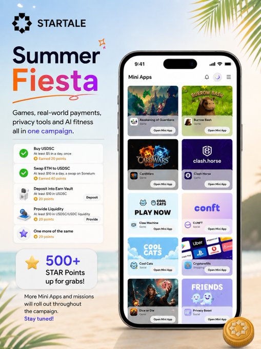 Promotional graphic for the STARTALE 'Summer Fiesta' campaign, offering 500+ STAR Points through activities like buying USDC, swapping ETH, depositing into Earn Vault, providing liquidity, and inviting friends.