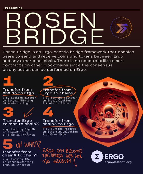 Infographic introducing 'Rosen Bridge' on Ergo (ergoplatform.org), an Ergo-centric bridge framework explaining transfer methods between Ergo and other blockchains (chainX/chainY) using examples like Bitcoin, SigUSD, and ADA. Handwritten annotations circle 'Transfer from Ergo to chainX' and add 'ERGO CAN BECOME THE BRIDGE HUB FOR THE INDUSTRY?' next to point 5.