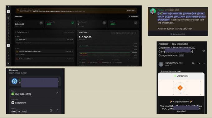 A collage showing cryptocurrency auction screenshots, including trading interfaces, Twitter posts from @NessaAlmulaifa and @0xGecko, and congratulatory messages for winning an Ech Chamber X Test Protocol UGC auction.