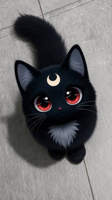 An illustration of a cute black cat with large red eyes, a gray chest tuft, and a white crescent moon symbol on its forehead, sitting on a tiled floor.