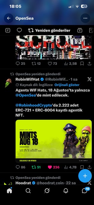 A phone screenshot shows an X (Twitter) post by OpenSea announcing that agents WIF minted on August 18 are now mintable on OpenSea, highlighting @RobinhoodCrypto's 2,222 ERC-721 + ERC-8004 registered agent NFTs, with a "Mints Aug '18" graphic featuring NFT characters. This relates to the caption by showcasing OpenSea's official launch announcement that the poster is thanking them for.