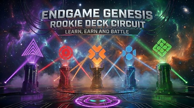 A promotional banner for 'ENDOGAME GENESIS ROOKIE DECK CIRCUIT' with the tagline 'LEARN, EARN AND BATTLE' displayed against a cosmic background with colorful logos.