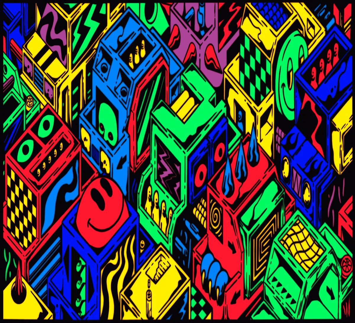 The image features an abstract art piece with various colored cubes, including red, blue, green, yellow, and purple ones. The cubes are arranged in a grid-like pattern, creating a visually appealing composition. The background of the artwork is black, which contrasts with the colorful cubes and makes them stand out even more. The post about the art collection includes details such as the title "Gn everyone Gonna be dropping this one soon as editions on @IMCollectibles_", indicating that it's an upcoming release or a limited edition piece.