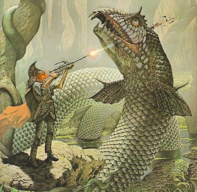A figure in a tunic and orange headpiece fires a futuristic rifle at a massive dragon-like serpent emerging from the water, blending fantasy and sci-fi elements.

The image ties to "Ancient problems. Modern solutions." by juxtaposing a mythical dragon — a classic symbol of an ancient, timeless threat — with futuristic technology (the energy-firing rifle, sci-fi visor, and modern adventurer's gear), visually representing the idea of confronting age-old dangers with contemporary innovation.