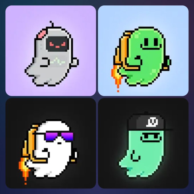Four pixel art ghost characters with various accessories and jetpacks against different colored backgrounds.