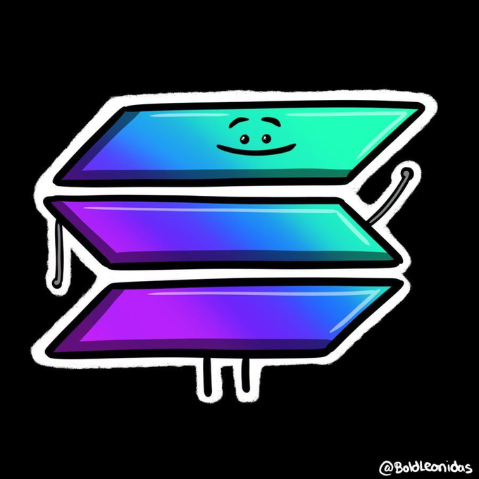 A cheerful cartoon stack of three iridescent gradient panels (purple, blue, and green) with a smiling face on the top layer is signed "@BobLeonidas," symbolizing Solana's stacked, colorful branding as teased in the "Something big is coming to Solana this week" post.