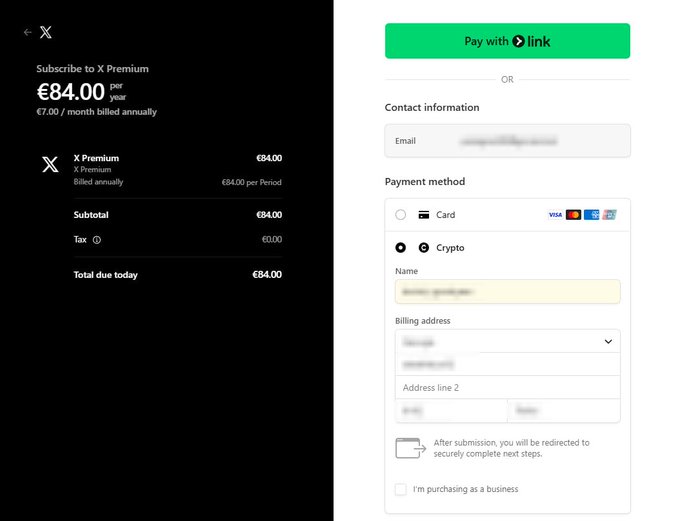 An X Premium subscription checkout page showing an €84.00 annual plan with a Crypto payment method option via Coinbase link.