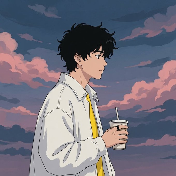 Anime-style illustration of a black-haired boy in a white jacket and yellow shirt holding a drink with a straw, set against a dramatic sky with pink and purple clouds.