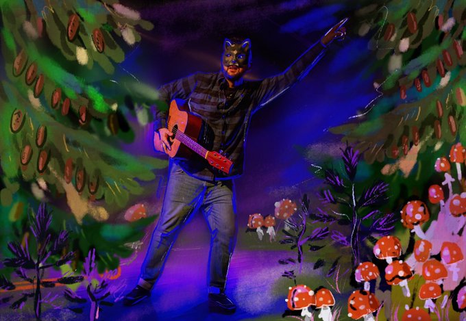 An artistic illustration of a person in a cat mask and plaid shirt playing an acoustic guitar in a colorful, surreal forest filled with glowing mushrooms.