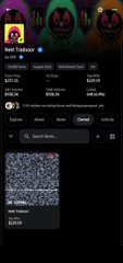 An NFT collection page on a marketplace showing pixel art items with skull designs, displaying a token ID (285), price (0.35 ETH), and various trait attributes.