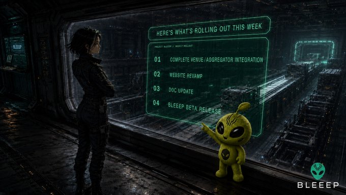 A sci-fi themed promotional graphic featuring a person and a small yellow alien character looking at a holographic display titled 'HERE'S WHAT'S ROLLING OUT THIS WEEK', which lists project updates including 'COMPLETE VENUE/AGGREGATOR INTEGRATION', 'WEBSITE REVAMP', 'DOC UPDATE', and 'BLEEEP BETA RELEASE' with the Bleepp logo.
