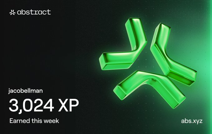 Abstract platform promotional graphic showing 'jacobellman' earned '3,024 XP' this week with a glowing green Abstract logo.