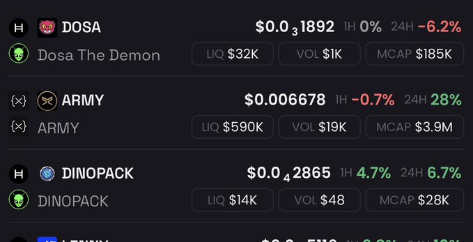 A cryptocurrency price tracker showing tokens like DOSA ($0.031892, down 6.2%), ARMY ($0.0006678, up 28%), and DINOPACK ($0.042865, up 4.7%) with their liquidity, volume, and market cap metrics.