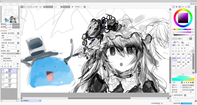 A digital drawing interface in Clip Studio Paint (version 1.10.14) displays an in-progress sketch of an anime-style character with detailed hair and what appears to be a small, blue, blob-like figure wearing a top hat, alongside the hashtag "#Nullscape" that likely references a personal artistic project or social media tag.