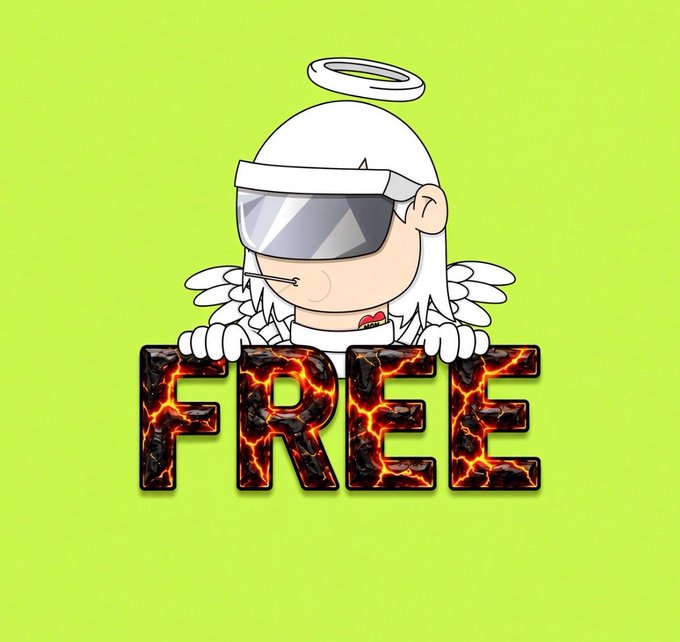 A cartoon illustration of an angelic character with a halo, white wings, and visor peering over the word 'FREE' rendered in lava-textured letters on a green background.