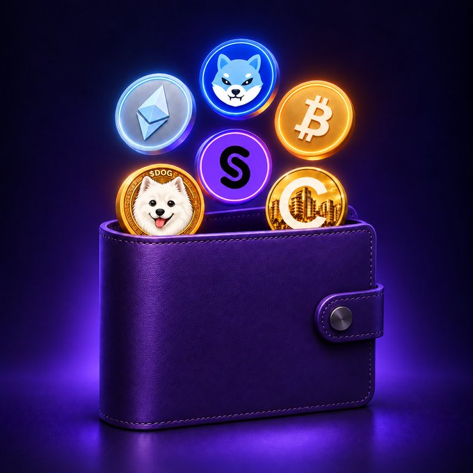 A purple wallet bursts with glowing Ethereum (ETH), Shiba Inu (SHIB), Bitcoin (BTC), Dogecoin (DOG), and two additional coins, visually symbolizing the automatic airdrop rewards delivered with every buy, sell, or transfer through Sender v2.