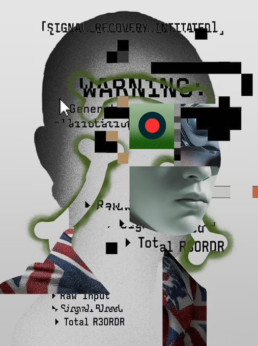 The image features a collage of various elements, including a man's face with a pair of glasses, a computer screen, and a flag design. The collage also includes text that reads "Signal Recovery. . .", "WARNING.", "General Information," and "Total Ordor". The post appears to be about the GM Web3 HAPPY NEW WEEK, which is indicated by the presence of the flag design in the image.