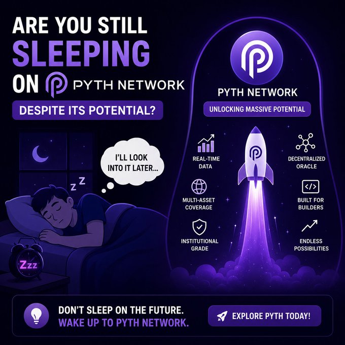 The image features a poster with a cartoon depiction of a man sleeping next to his bed while a rocket ship flies above him. The poster includes text that reads "Are You Still Sleeping On Pyth Network? Despite its potential... Unlocking massive potential?". The poster also has a button below it that says "Explore Pyth today!".