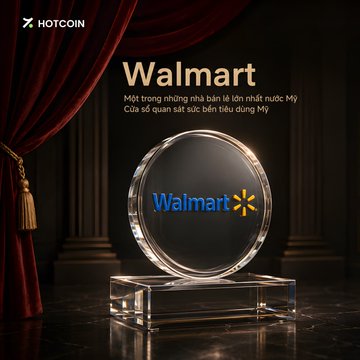 Hotcoin's daily "auction" graphic showcases today's featured asset, **Walmart ($WMT)**, displayed in elegant golden text above a crystal orb bearing the Walmart logo, with Vietnamese caption noting it as one of the most stable names in U.S. consumer spending that reflects American spending power—mirroring the post's highlighting of yesterday's close at $104.11 as a key indicator.